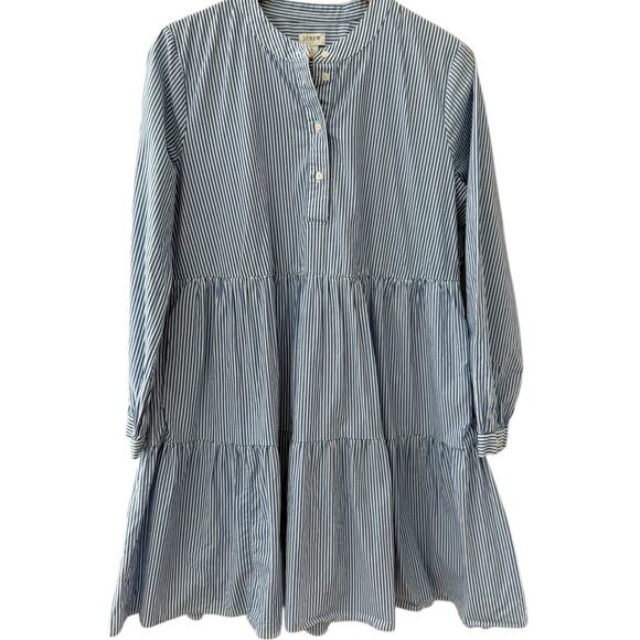 J. Crew Blue/White Striped Stretch Cotton Poplin Tiered Dress Pockets Size Large - Picture 3 of 11